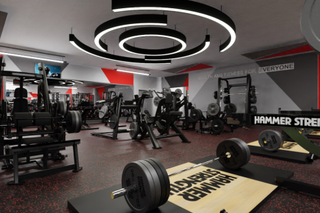 Illustration of refurbished gym at North Herts Leisure Centre, with new weight training equipment and dumbbells