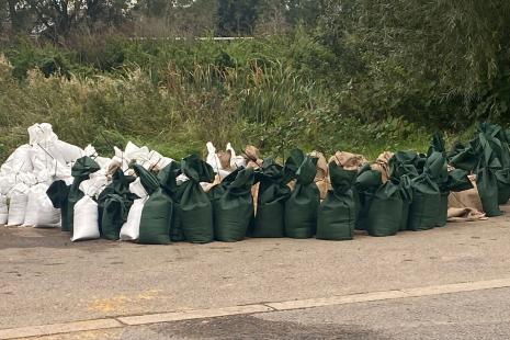 Sandbags in white, brown and green sacks sitting by the roadside with bushes and trees behind them