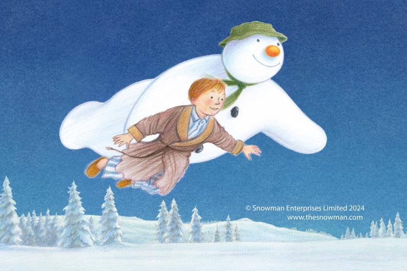 The Snowman and a boy wearing pyjamas and a dressing gown flying through the night sky over a snowy landscape.