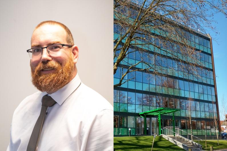 Councillor Daniel Allen and photo of entrance to Council Offices in Letchworth