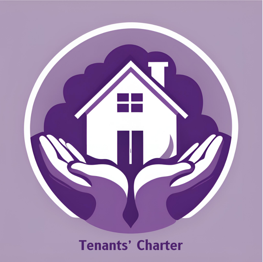 House cradled by two hands, purple backdrop, "Tenants' Charter" text below.