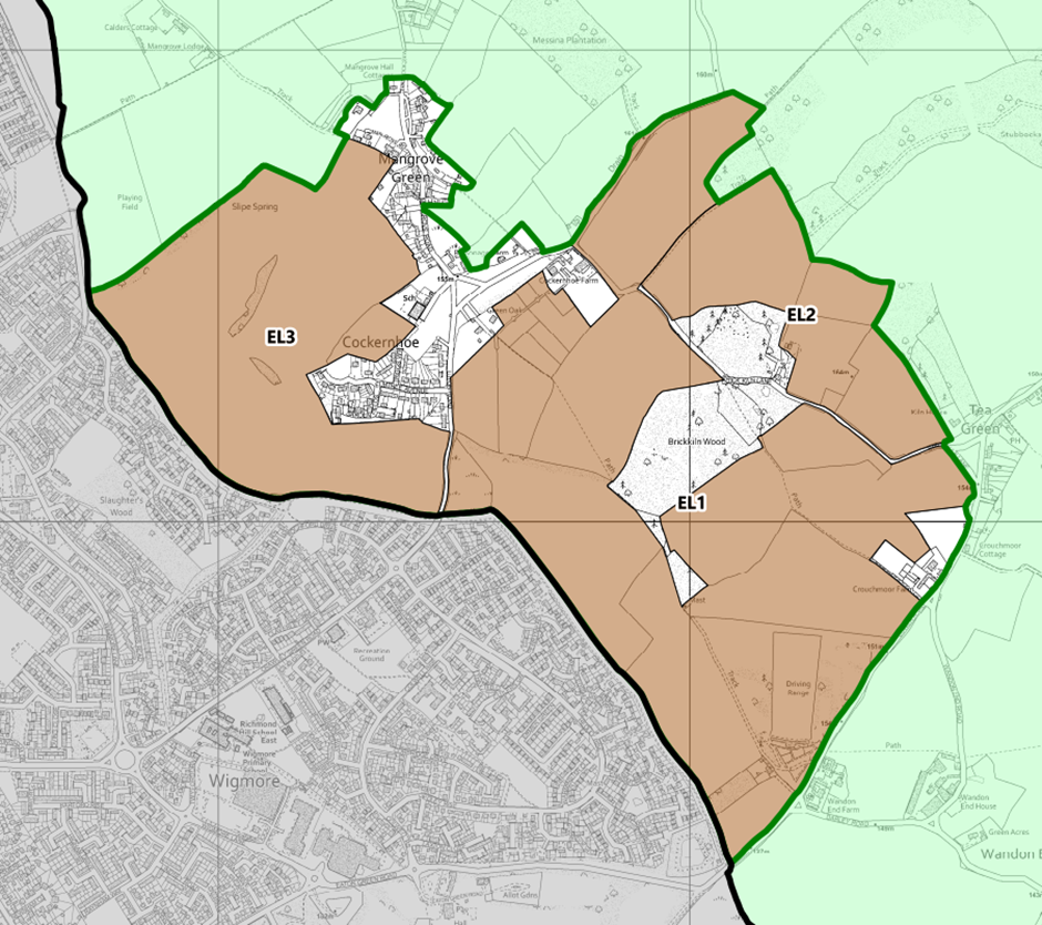 Map of the allocated site for development east of Luton